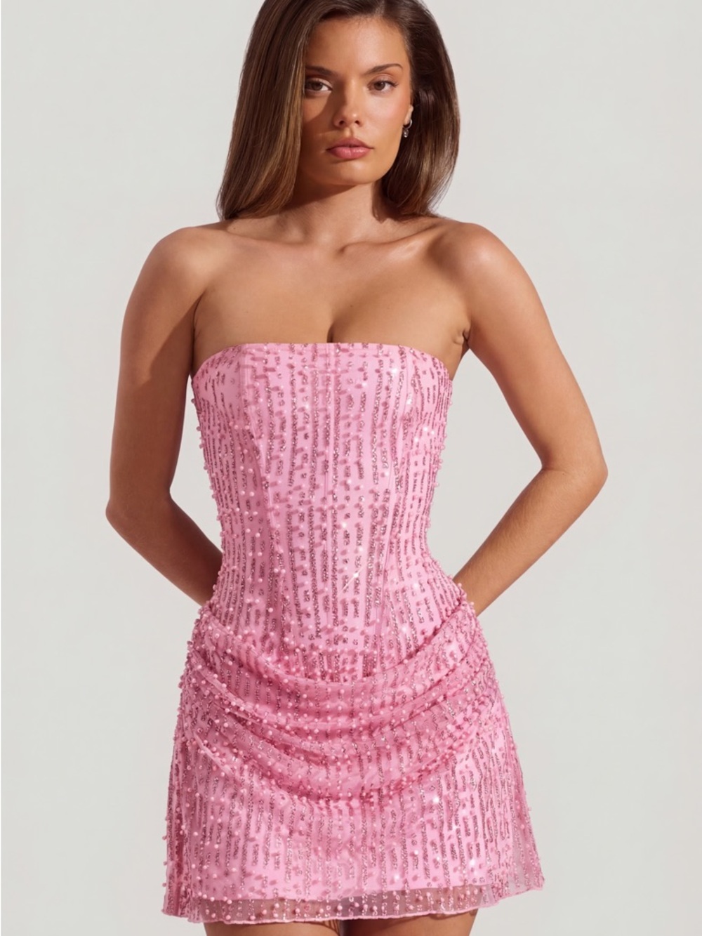 OHPOLLY Embellished Pink Draped Mini Dress - Picture 3 of 6